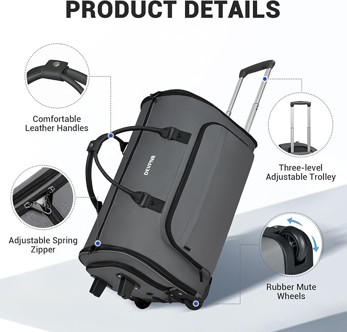 DEVPNR Rolling Garment Bags for Travel, 59L Rolling Duffle Bag with Wheels and Shoe Compartment for Men and Women, 3 in 1 Carry on Convertible Travel Garment Bag with Wheels, Gray