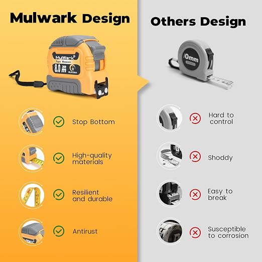 MulWark Wide Tape Measure 25 ft, Double Secure Blade Lock Tape Measure Retractable with Stop Button, Both-Side Metal Blade, Magnetic Hook for Construction, Carpenter, Architect, Woodworking