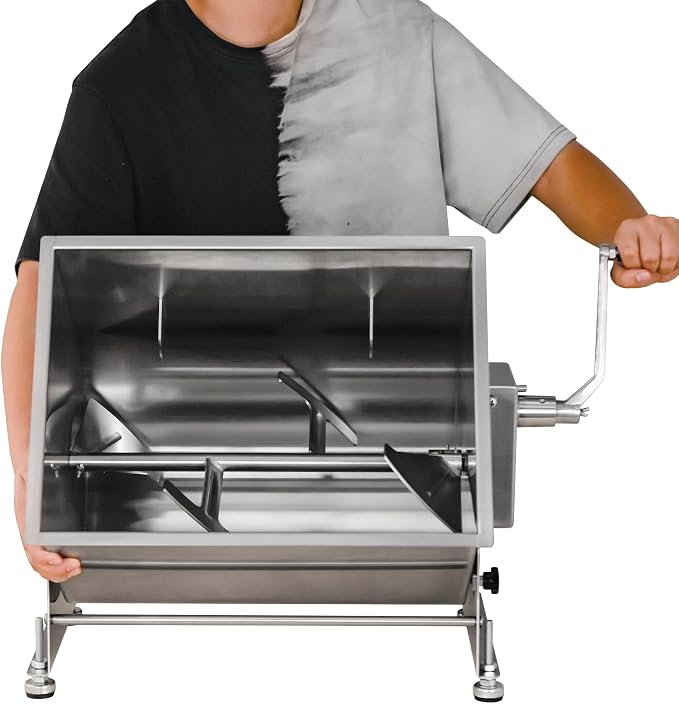 CLIVIA Commercial Meat Mixer 90lb/45L | Stainless Steel, 90° Tilting Tank, Heavy Duty Manual Sausage Blender, Hand Crank, For Sausage Patty Jerky