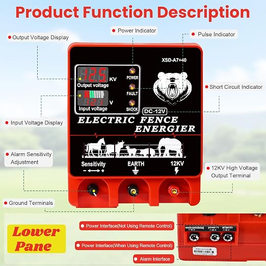 9J Electric Fence Charger Energizer, 9 Joules 20 Miles Plug-in Fencer, AC 110-240V/DC 12V, 12KV High Output Voltage, with Display Alarm and Remote, Deter Predators, Contain Cattle Horses and Livestock