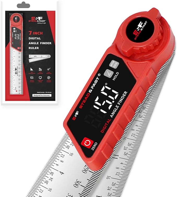 S&F STEAD & FAST Digital Angle Finder with Miter Button, 7 Inch / 200 mm Stainless Steel Digital Protractor, 0–360° Angle Ruler with XL LED Display, ±0.2° Accuracy for Woodworking, Construction