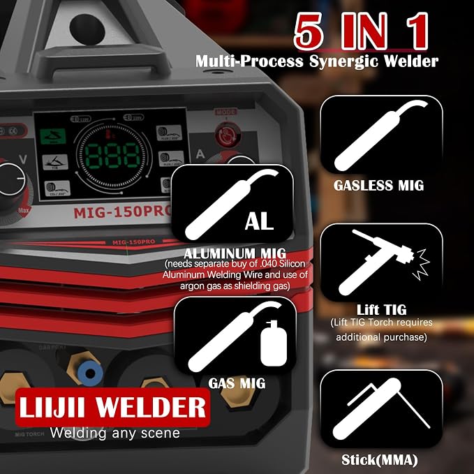 Aluminum MIG Welder with Pulse, 150A 110/220V Dual Voltage Welding Machine, 5 in 1 Aluminum MIG/Gas MIG/Gasless Flux Core MIG/Lift TIG/Stick Multiprocess Welder Machine, IGBT Inverter Welder