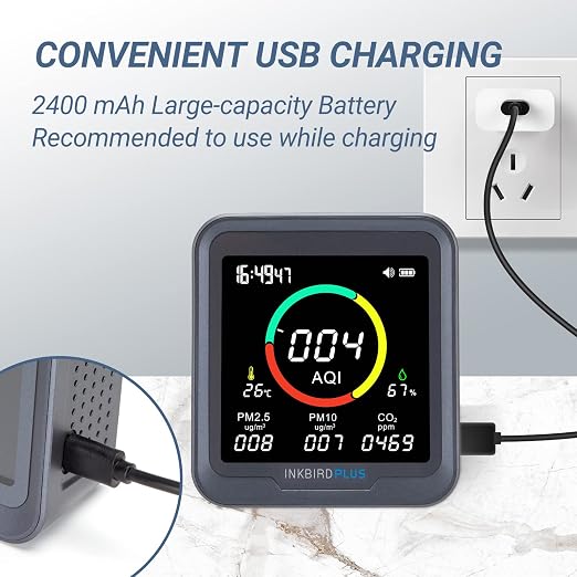 INKBIRDPLUS Air Quality Monitor Indoor Battery Powered | NDIR Sensor 6-in-1 Detector for CO2, PM2.5, PM10, AQI, Temperature and Humidity for Rooms,Grow Tents, Cellars, Offices | Air Quality Monitor Indoor