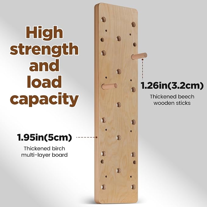 Extra-Thick Birch Climbing Peg Board for Wall Mounting, Heavy-Duty Wooden Climbing Board with Beech Grips & Rock Climbing Hold Inserts for Indoor Home Gym