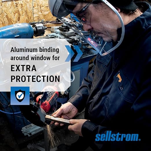 Sellstrom Advantage Face Shield - Lightweight, High Impact, Polycarbonate Window with Reinforced Aluminum Binding, Protective Crown & Adjustable Ratchet Headgear, for Grinding, Cutting - ANSI Z87.1