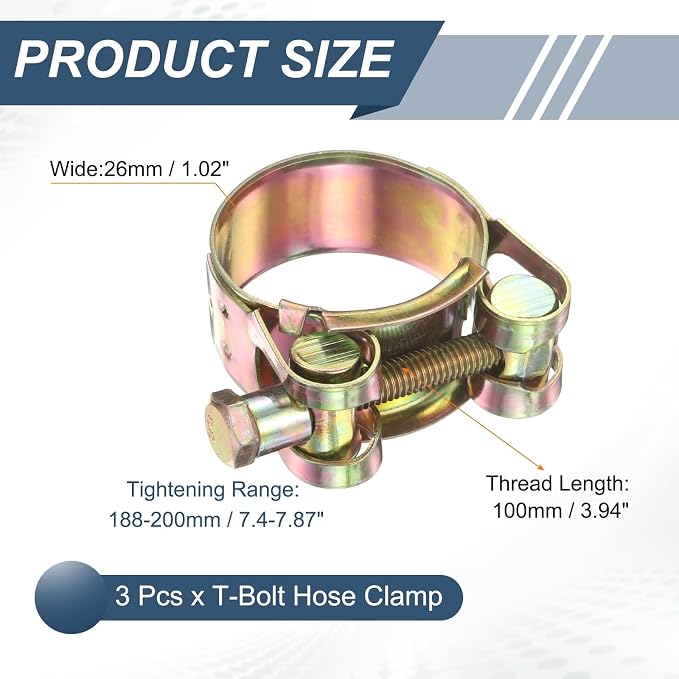 HARFINGTON 3pcs T-Bolt Hose Clamp 188-200mm (7.4-7.87") Galvanized Carbon Steel Adjustable Intake Radiator Pipe Clamps for Automotive Plumbing Industrial Pipes