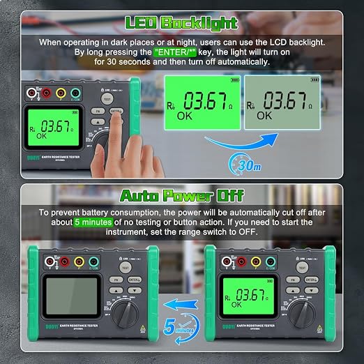 DUOYI Earth Ground Resistance Tester 0.03-2000Ω Soil Resistivity Meter,Upgraded Earth Resistance Tester Auto Measurement 600V AC Ground Voltage Meter with 6pcs 1.5V Batteries,Tool Bag
