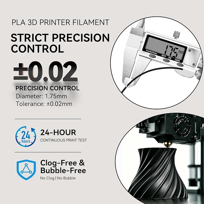 Kingroon PLA 3D Printer Filament, Dimensional Accuracy +/- 0.02 mm, 1 kg Spool(2.2lbs), 1.75 mm，Black