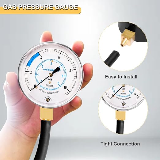 Manometer Gas Pressure Tester, Manometer LP Gas Pressure Tester Gauge 0-10" W.C, 1/8" NPT Fitting with Barbed Connection, 40" Hose