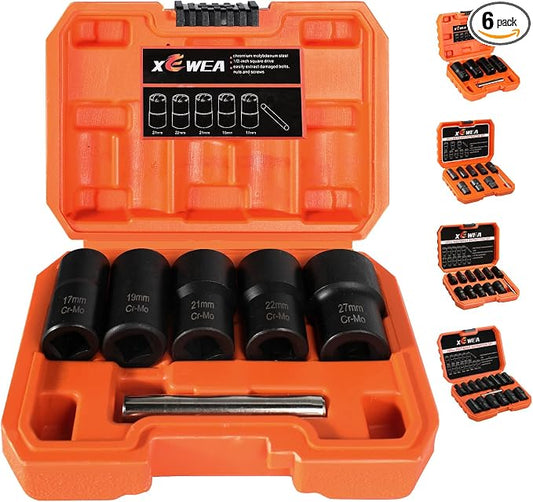 XEWEA Twist Socket Set with Center Punch Bar, 6PCS 1/2" Drive Metric Lug Nut Remover Tools for Broken, Stripped, Rounded Bolts & Nuts Screws -17mm 19mm 21mm 22mm 27mm