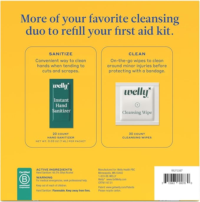Welly First Aid Kit Refill Clean Carton | Individually Wrapped Hand Sanitizer and Cleansing Wipes | 50ct