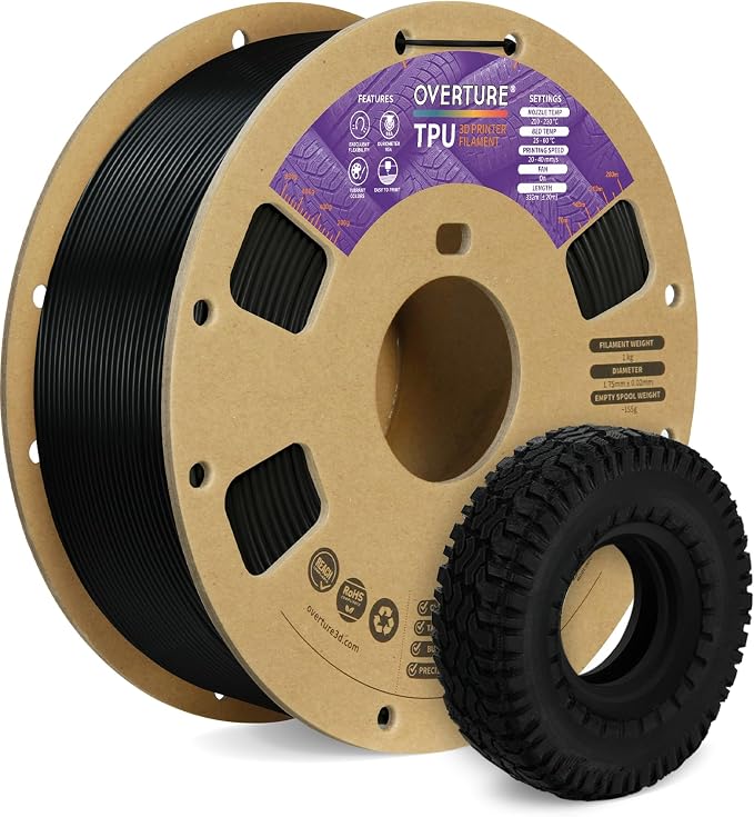 OVERTURE TPU 95A Flexible 3D Printer Filament 1.75mm | High Elasticity & Durability Filament,1kg Spool(2.2lbs),Fit Most FDM Printer(1kg TPU Black)