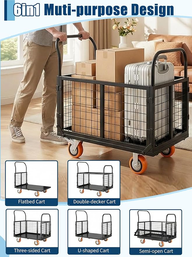 GarveeTech Platform Truck Cart with Cage, 6-in-1 Multi-Purpose Flatbed Cart, Foldable Hand Truck Load 1800 LBS with 4 Wheels Push Cart Dolly for Grocery, Laundry, Garage, Warehouse (Black)