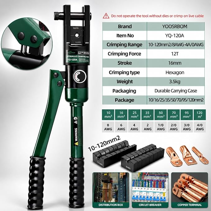 12 Ton Hydraulic Crimping Tool, 6AWG-4/0AWG (250MCM) Battery Cable Lug Crimper with 8 Pairs of Dies, Industrial Grade Hydraulic Wire Terminal Crimping Tool
