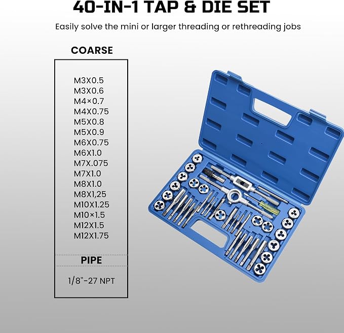 Anfrere 40pcs Metric Tap and Die Set, Metric Standard Rethreading Tool Kit, Coarse and Fine Threads for Cutting External and Internal Threads, Essential Repair Tool Kit with Thread Wrench
