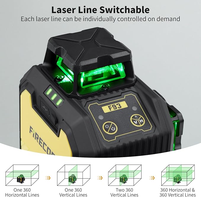 Firecore 360 Laser Level with 60" Tripod, Self-Leveling Green Lazer Leveler Tool for Construction Home Renovation, Outdoor Pulse Mode, Adjustable Brightness, Rechargeable Battery & Magnetic Bracket