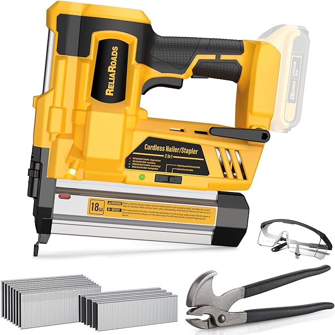 ReliaRoads 2" Cordless Brad Nailer, Patented 18GA 2-in-1 Staple Nail Gun Battery Powered Compatible with DeWalt 20V MAX Battery, Electric Nail Gun with Nails Puller, 1600 Nails (Battery Not Included)