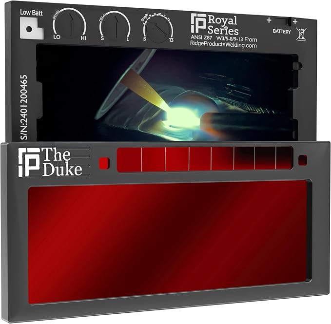 The Duke 1.0 | Shade 5-13 Adjustable Red Auto Darkening Welding Lens | 2" x 4 1/4" x 0.33" | Adjusts From Shades 5-13 (9 Lenses In 1) | Red Front - Green/Blue Weld View | Ridge Products Royal Series