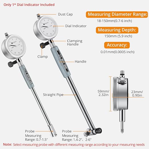 Neoteck Dial Bore Gauge with 0.7"-6"/0.0005" Measuring Range and 6" Measuring Depth Dial Bore Gauge Set with 23PCS Anvils Chrome Plated Handle & Insulated Grips for Engine Cylinder Measurement-Silver