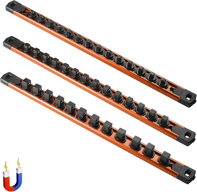 ALOANES Magnetic Socket Organizer Set, 3-Piece Heavy Duty Aluminum Socket Rails, 360° Swivel Clips Socket Rail Kit for Tool Tray Drawer Fit 1/2, 3/8, 1/4-Inch x 40 Clips (Orange, 3PC)