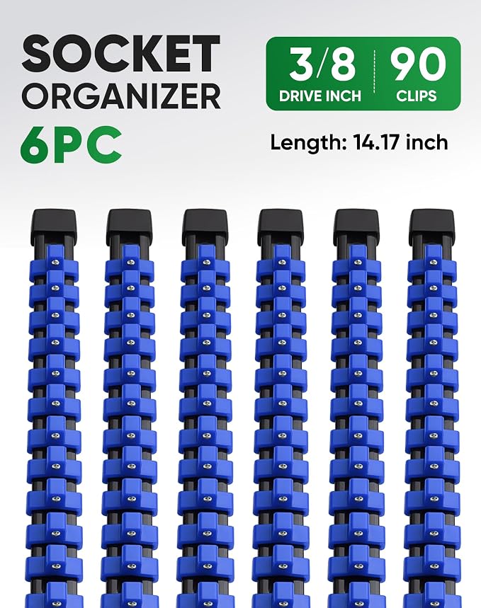ALOANES 6PC ABS Socket Organizer, Socket Rails Fit 3/8 inch Drive | Portable Heavy Duty Socket Holders Hold up 90 Sockets for Toolbox Drawer Bags(Blue)