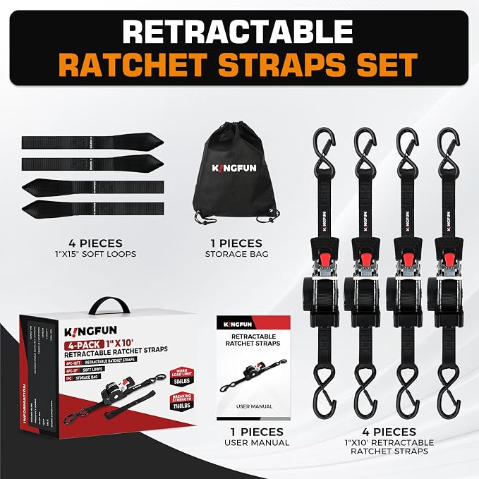 Retractable Ratchet Straps 4 Pack, 1" x 10' Self Retracting Tie Down Straps | Heavy Duty Ratchet Straps with 1760lb Break Strength, Auto Retractable Tie Down Straps for ATV, UTV, Motorcycle, Trailer