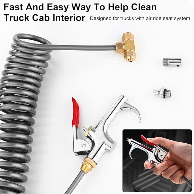 4 Set Air Blow Gun Kit with 11.5 ft Nylon Hose Heavy Duty Truck Air Seat Blow Gun Kit with 2 Interchangeable Nozzle Tips for Semi Truck 1/4 Inch Npt for Tractor Dust Clean(Gray,Brass)