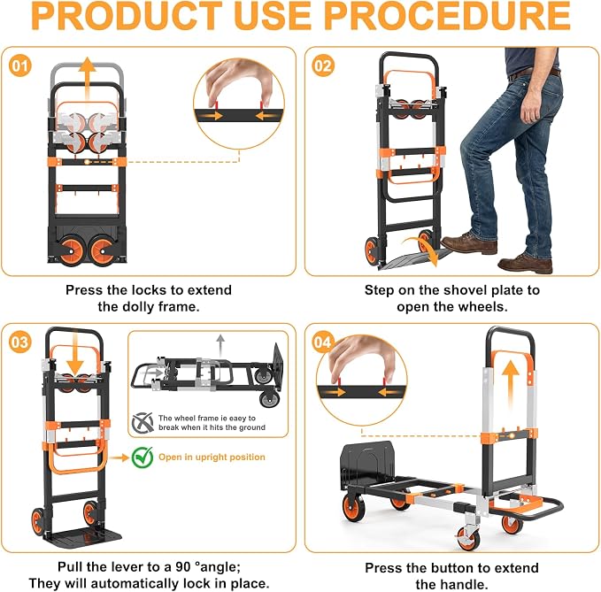 3-in-1 Folding Hand Trucks, 500lbs Convertible Dolly, Dolly Cart with Wheels Heavy Duty, Moving Cart with Retractable Handle, Collapsible Trolley for Moving Office/Home/Warehouse/Boxes/Carton (Orange)