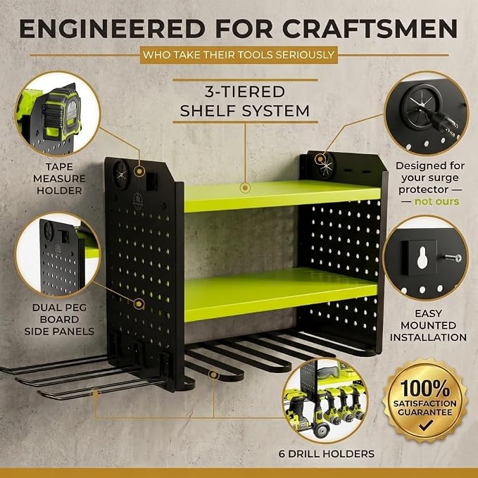 BUILTSTRONG Power Tool Organizer Wall Mount – 3-Tier Heavy-Duty Steel Rack, 6 Drill Slots, Dual Pegboard Sides, Side-by-Side Modular, 100 lb Capacity – Garage & Workshop (Green)
