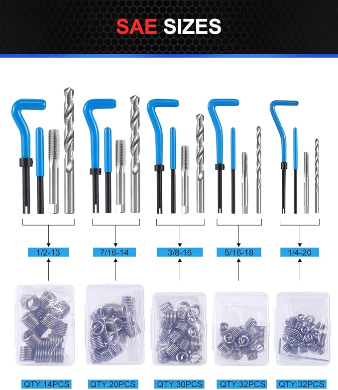 Kolvoii Helicoil Thread Repair Kit 320-Piece, Metric & SAE HSS Drill Bits Tap Set, Spark Plug Engine Stud Insert for Automotive Rethreading Restorer Tool