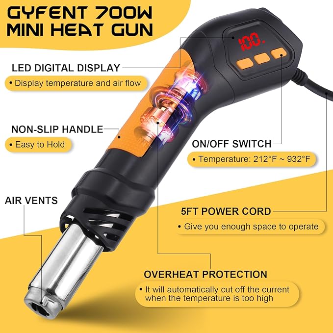Heat Gun, 700W 212°F~932℉(100°C~500°C) Mini Soldering Heat Gun Hot Air Rework Station with LED Digital Display & 5Pcs Nozzles & 5Pcs Accessories for Crafting Shrink Tubing Electronics DIY(5FT)