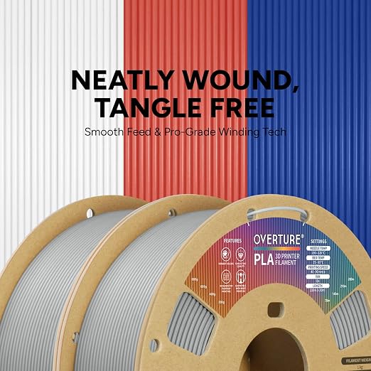 OVERTURE 2KG Bundle High Speed PLA Filament 1.75mm, Neatly Wound 3D Printer Filament 2 Pack 1kg Spool (2.2lbs) Rapid PLA, Fit Most FDM 3D Printers (Light Grey 2-Pack)
