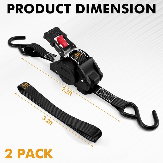 LEVELEVE Retractable Ratchet Tie Down Straps (1" x 10FT, 2-Pack, Black) - Heavy Duty 1760LBS Break Strength Quick-Lock, Weather Resistant for Moving, Cargo, Trucks & Boats