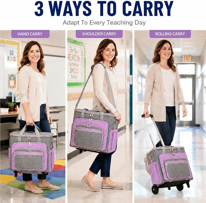 Upgraded Rolling Bag with Detachable Dolly, Heavy Duty Wheeled Teacher Bag, Multifunctional Rolling Briefcase for Work, Office, Craft Storage & Travel (Purple)