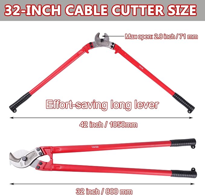 Verida Cable Cutters 32 inch, Heavy-Duty Large Cable Cutter, Chrome vanadium steel, Hardness 62 HRC, Suitable for cutting thick copper and aluminum core cables, Red