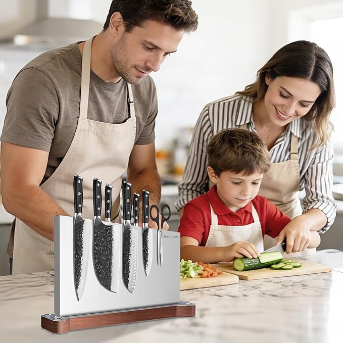 Large Magnetic Knife Block Holder Without Knives for Kitchen Counter, Stainless Steel Material Magnetic Knife Storage Stand Rack with Strong Double Sided Magnet and Wood Base - 16.15 x 11 Inches