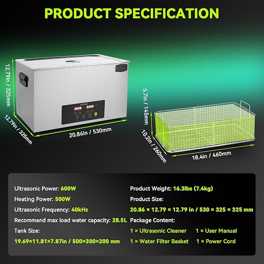 Commercial Ultrasonic Cleaner, ECO Mode, Heating, Degas Mode, ECO Energy-Saving Ultrasonic Cleaning Machine Excellent for Labs,Carburetor,Jewelry,Dentures,Automotive & Industrial Parts. (30L)
