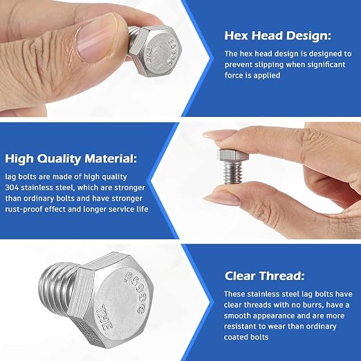 Zonon 50 Pcs 3/8-16 x 1/2" Hex Head Screw Bolt 18-8 (304) Stainless Steel Hexagon Bolts, Fully Threaded, Plain Finish, External Hex Drive (Silver)