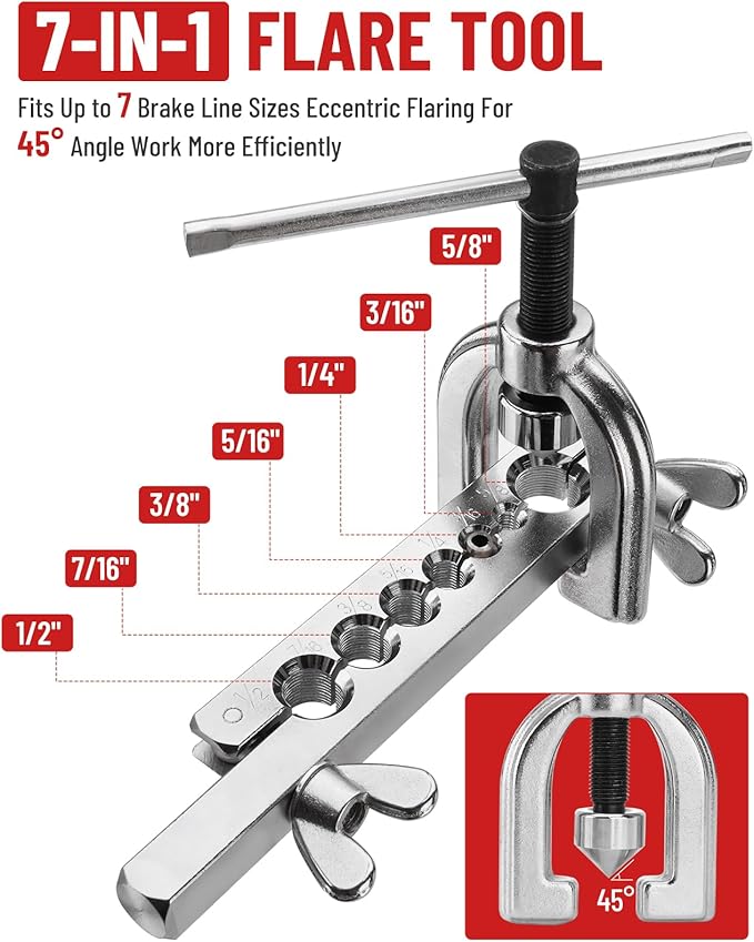 25 ft 3/16in Copper Coated Brake Line Flaring Tool Kit, Includes 3-in-1 Tube Bender, Double & Single Flaring Tool Set, 1 Tube Cutter, 2 Threads Unions, 20 Fittings
