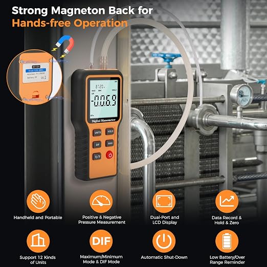 Manometer, Professional Air Pressure Meter, Dual-Port Gas Pressure Tester, | 12 Selectable Units Differential Pressure Gauge, HVAC Digital Manometer, Gas Pressure Tester (Included Battery)
