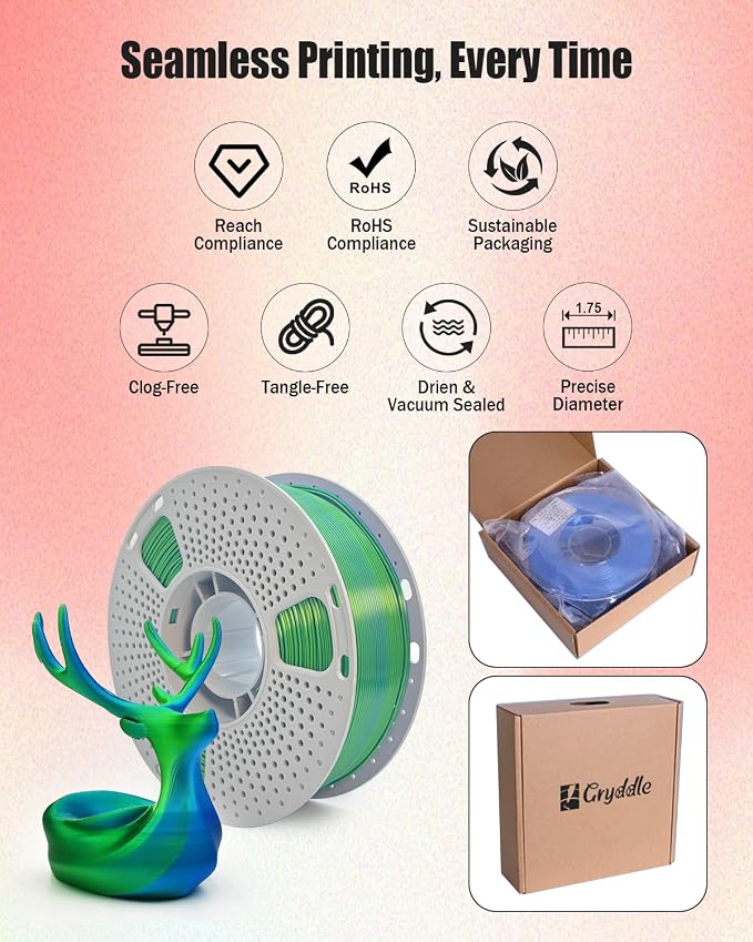 Silk Dual Color PLA 3D Printer Filament, 1.75mm 1KG (2.2lbs), Shiny Gloss Finish, Easy Printing, Dimensional Accuracy ±0.02mm(Blue & Green)