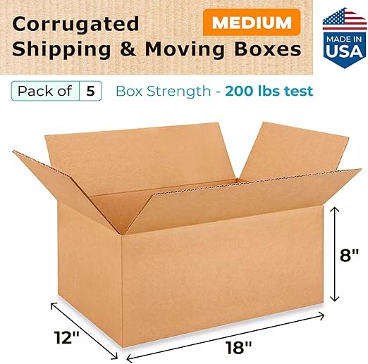 Medium Moving & Shipping Boxes 18 x 12 x 8 inches (5-Pack) - Extra Strength 200 lb vs Regular - USA-Made Corrugated Durable Cardboard Moving Boxes - Packaging & Moving Box Heavy Duty by IDL Packaging