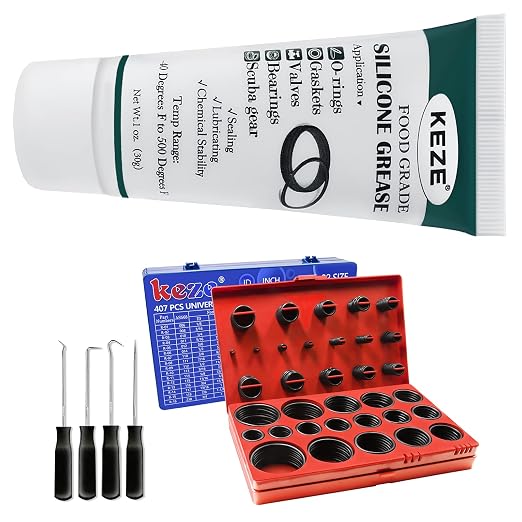 KEZE 826 pcs Universal SAE and Metric O Ring Kit and 1 oz 1-Pack Silicone Grease for Valve Sealant Faucet O Rings Faucet Automotive Hydraulic Pipe Repair