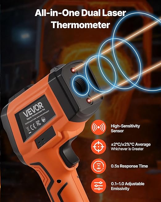 VEVOR Infrared Thermometer, -22℉ to 2192℉ Dual-Mode IR Thermometer Gun with K-Type Thermocouple, Dual Laser Heat Temperature Gun Non-Contact for Cooking Griddle Engine Industrial Use (Not for Human)