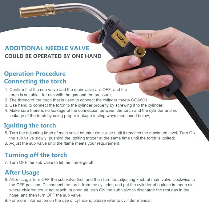 Propane Torch Kit with 4.9-Ft Hose, Adjustable Flame for HVAC | Brass Blow Torch Head 2527°F, Propane & MAPP Gas Compatible, Self-Igniting for Easy Startup