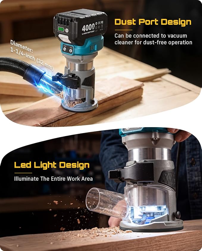 SEESII Cordless Wood Router, 21V Brushless Compact Palm Router with 2×4.0Ah Battery, Aluminum Base, LED Display, Dust Extraction, 6-Speed Adjustment & 8PCS 1/4"Router Bits, Trimmer for Woodworking