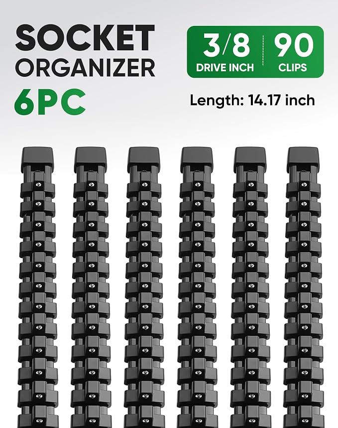 ALOANES 6PC ABS Socket Organizer, Socket Rails Fit 3/8 inch Drive | Portable Heavy Duty Socket Holders Hold up 90 Sockets for Toolbox Drawer Bags(Black)