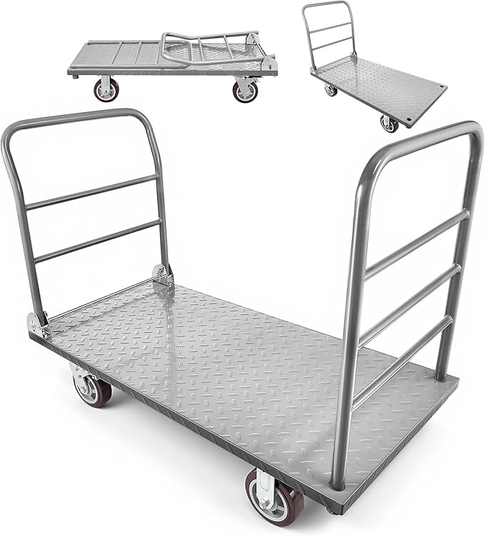 VEVOR 2 in 1Platform Truck, 2650 LBS Heavy Duty Flatbed Cart Dolly with Detachable Rear Guardrail and Swivel Wheels, Foldable Hand Push Truck Cart for Groceries, Garage, Warehouse (48"×24")