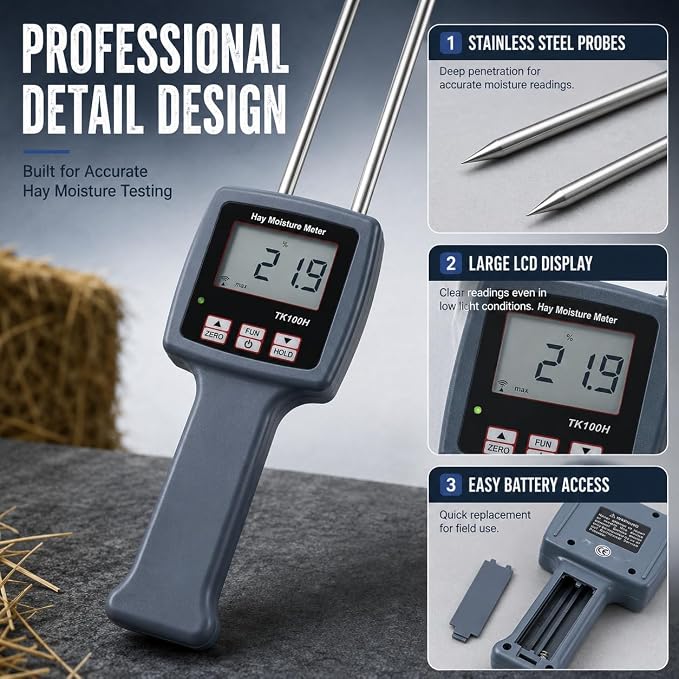 Pokiphip TK100H Portable Hay Moisture Meter - Precise Hay Moisture Tester with Probe for Monitoring and Ensuring Optimal Hay Quality, Preventing Mold and Spoilage