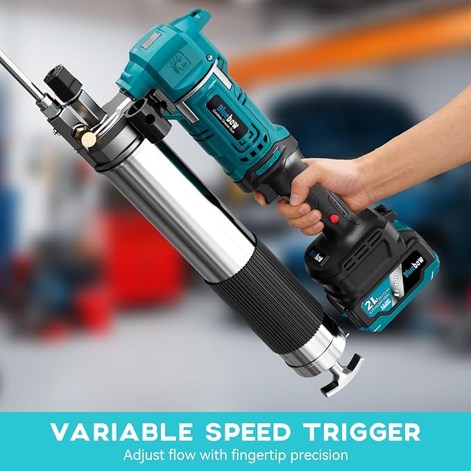 Bluebow 21V Cordless Electric Grease Gun Kit, 12000 PSI Battery Powered Grease Gun, 7.05 oz/min, 2×4000mAh Batteries, LED Light, 39.4" Hose, Lightweight for Farm, Truck, Tractor
